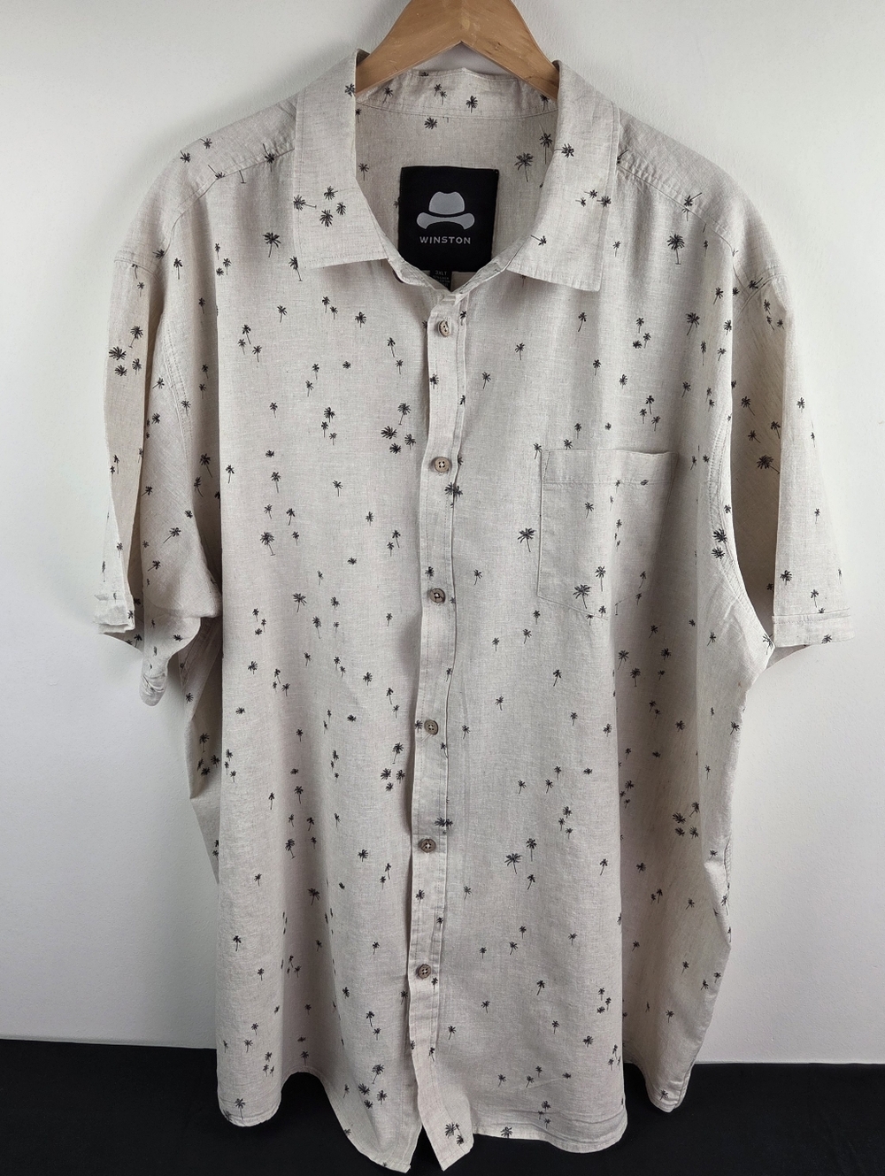 Winston Shirt Mens 3XLT Tan Short Sleeve Button Up Palm Tree Design Linen Blend